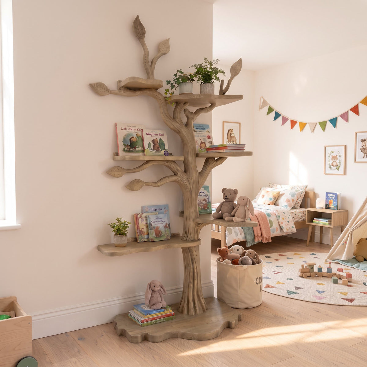 Kids Tree Bookshelf – Natural Wood Tree-Shaped Corner Shelf
