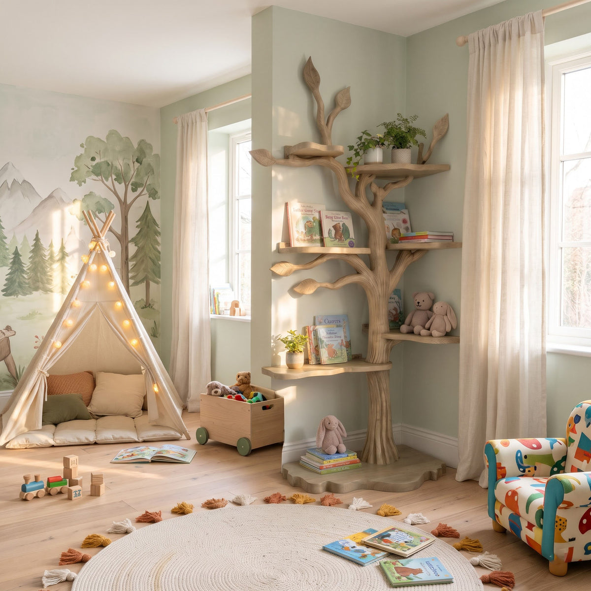 Kids Tree Bookshelf – Natural Wood Tree-Shaped Corner Shelf