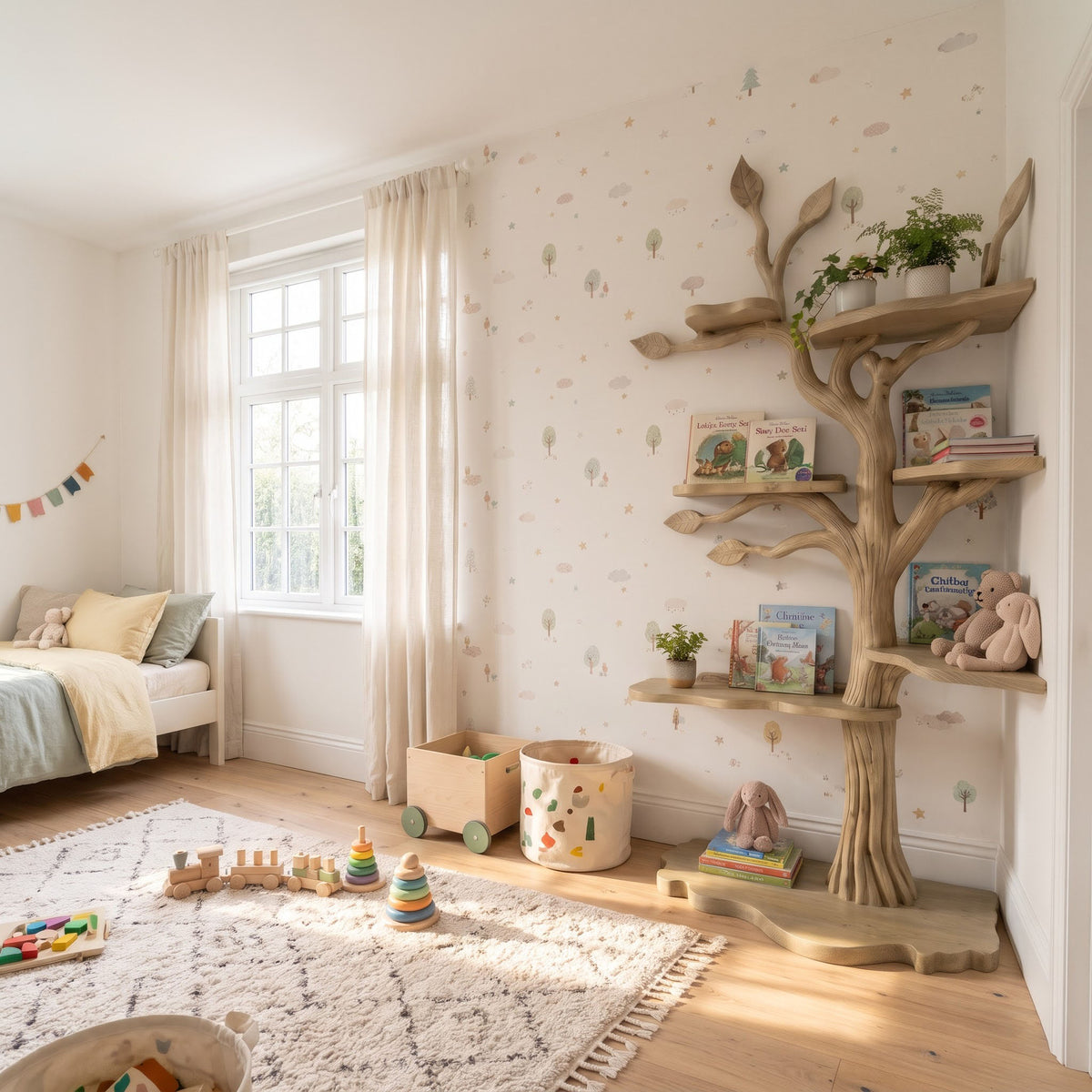 Kids Tree Bookshelf – Natural Wood Tree-Shaped Corner Shelf