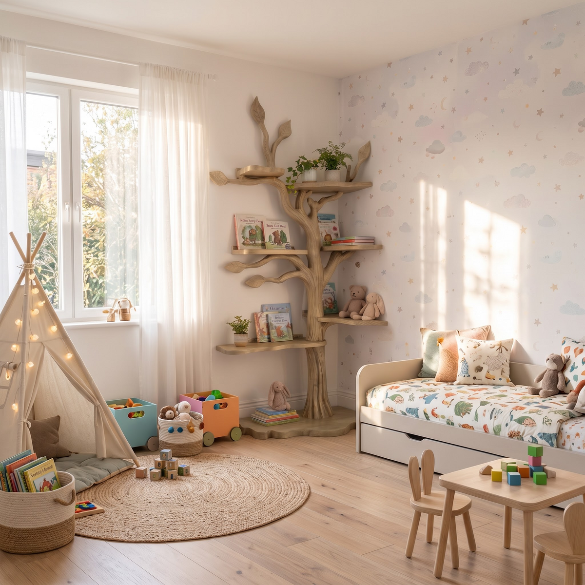 Kids Tree Bookshelf – Natural Wood Tree-Shaped Corner Shelf