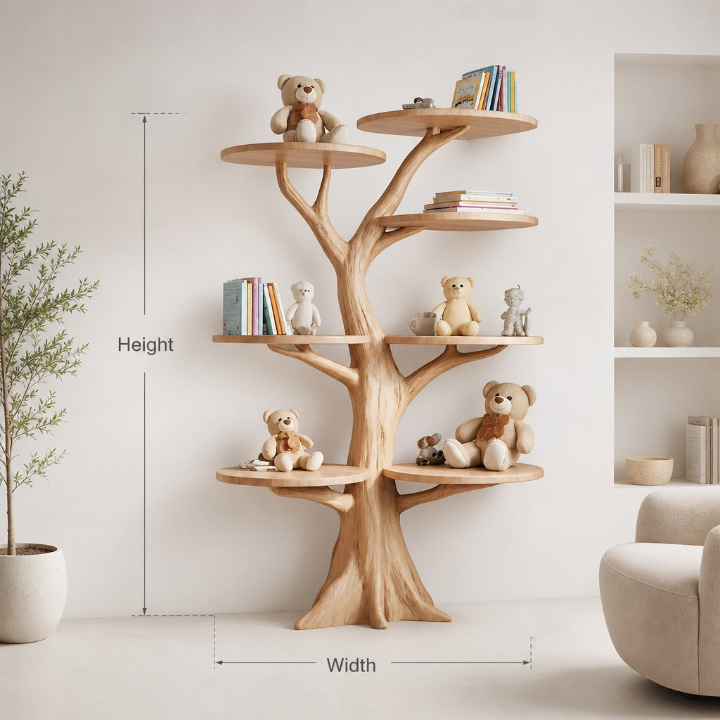Tree bookshelf nursery corner layout next to window with plush toys and books
