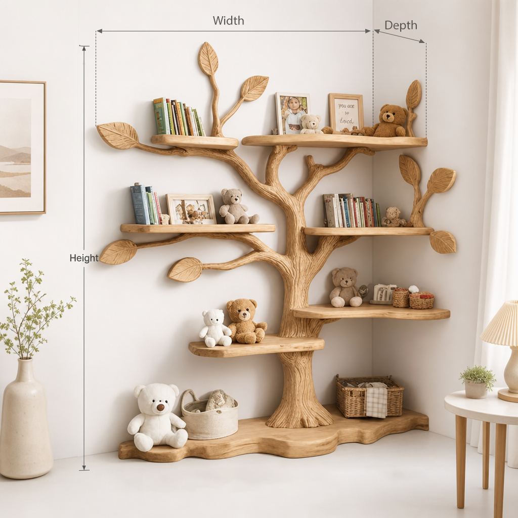 Kids Tree Bookshelf – Natural Wood Tree-Shaped Corner Shelf