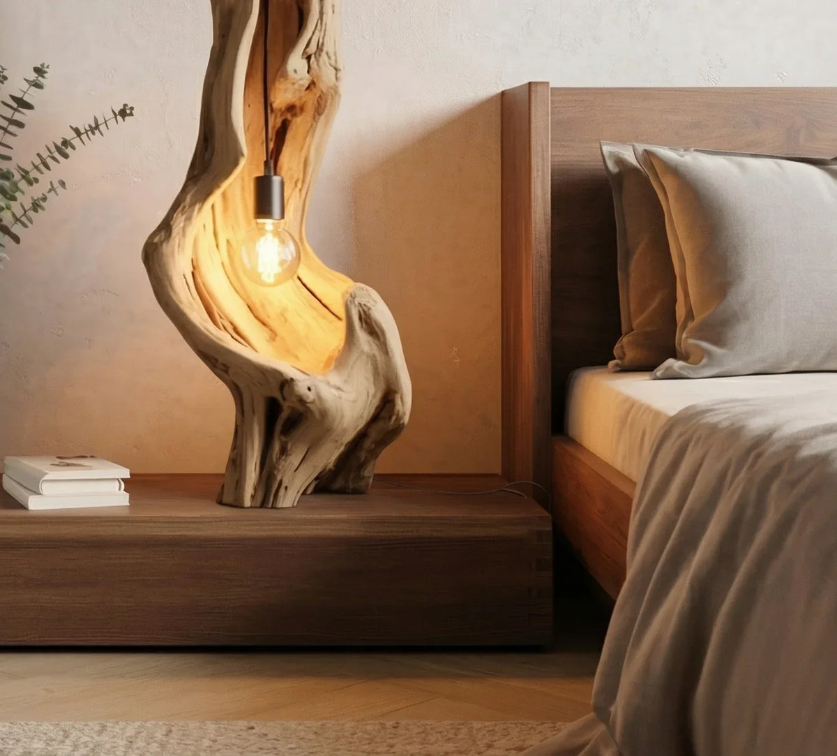 Rustic driftwood lamp for bedside and living room use