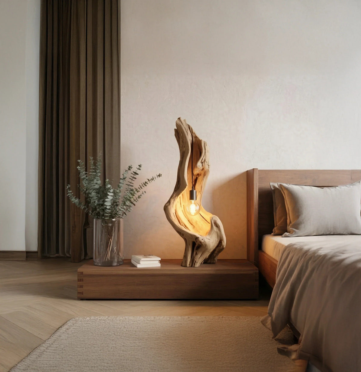 Wooden table lamp with organic driftwood design