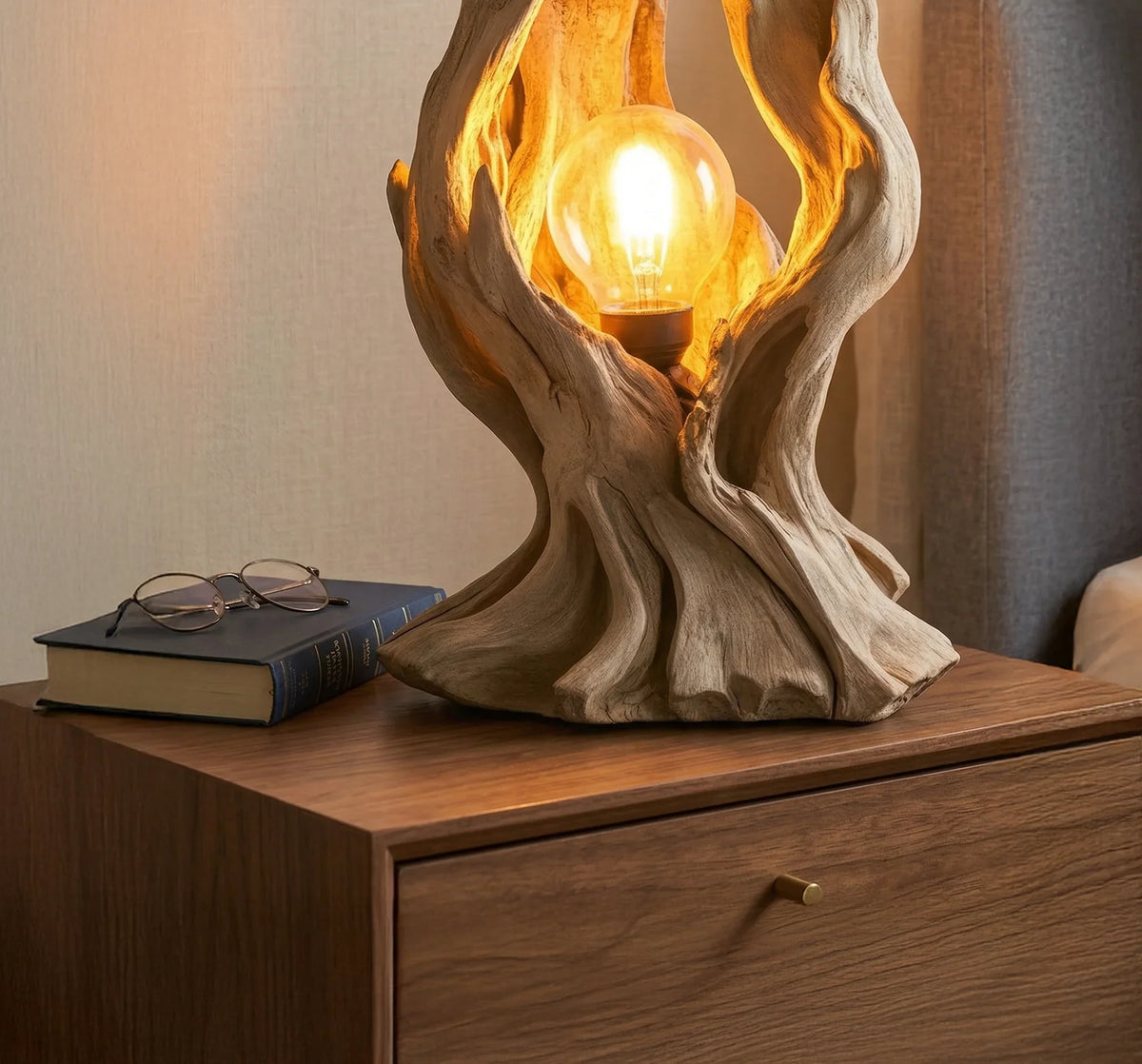 Wooden branch table lamp for desk or bedside lighting