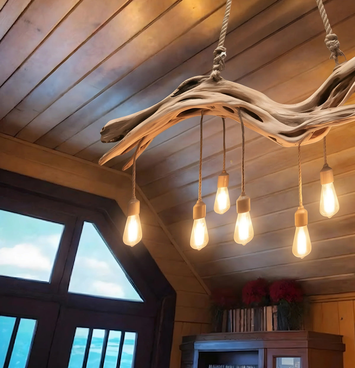 Rustic driftwood chandelier with tree branch design