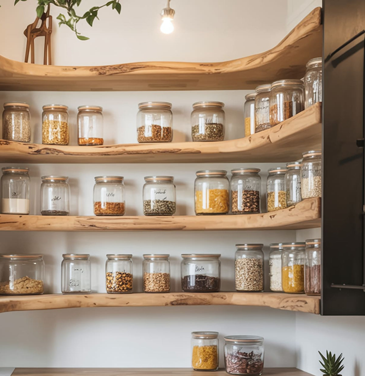 Handcrafted L-shape wooden kitchen shelf with integrated warm LED illumination