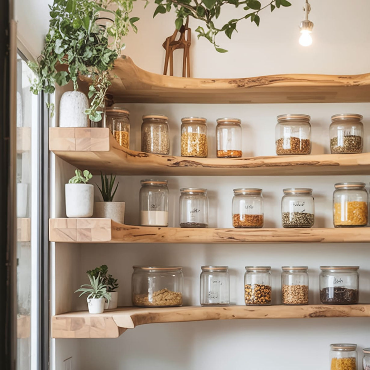 Sculptural solid wood corner kitchen shelf featuring natural live edge details
