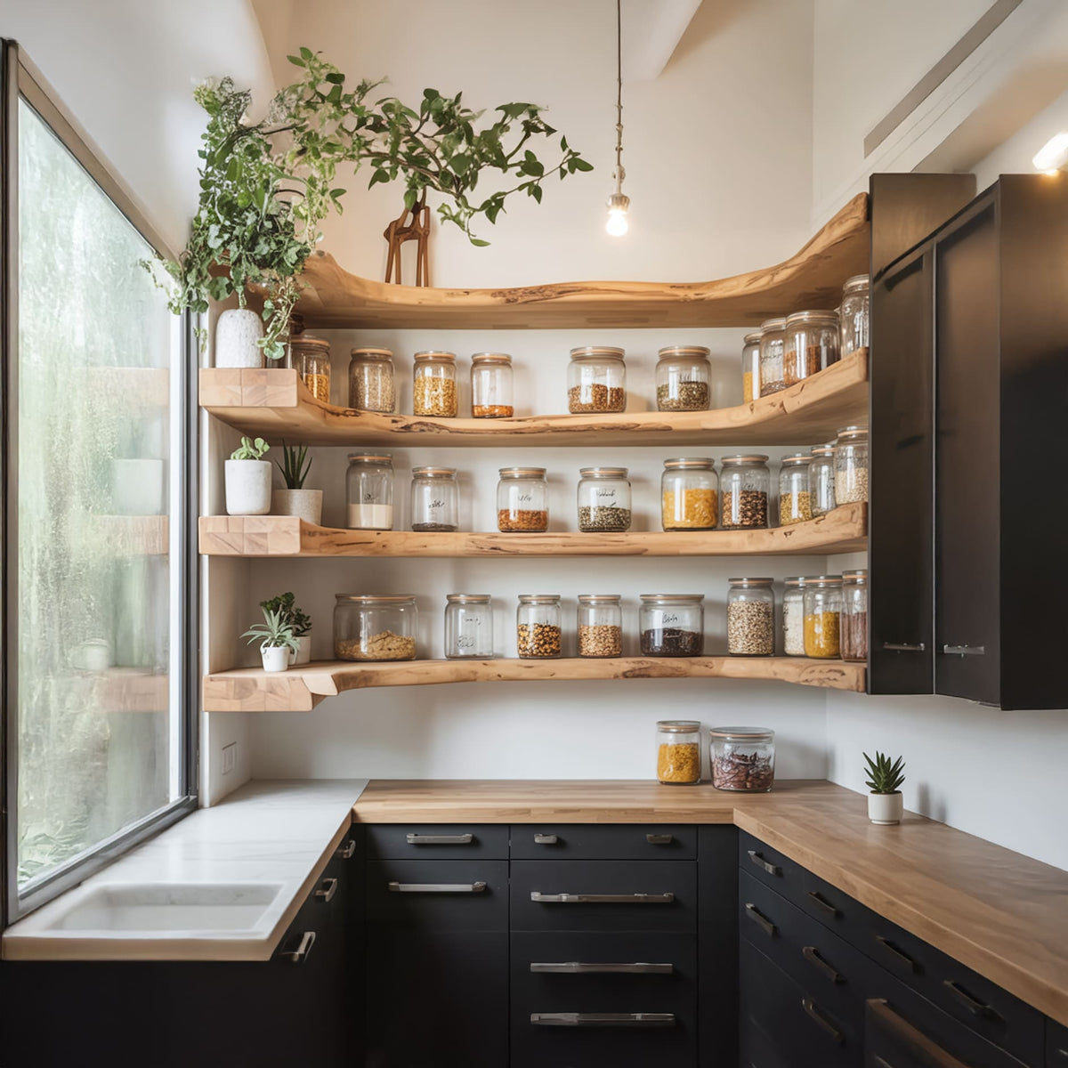 Modern solid wood corner kitchen shelf with LED lighting in a minimalist kitchen