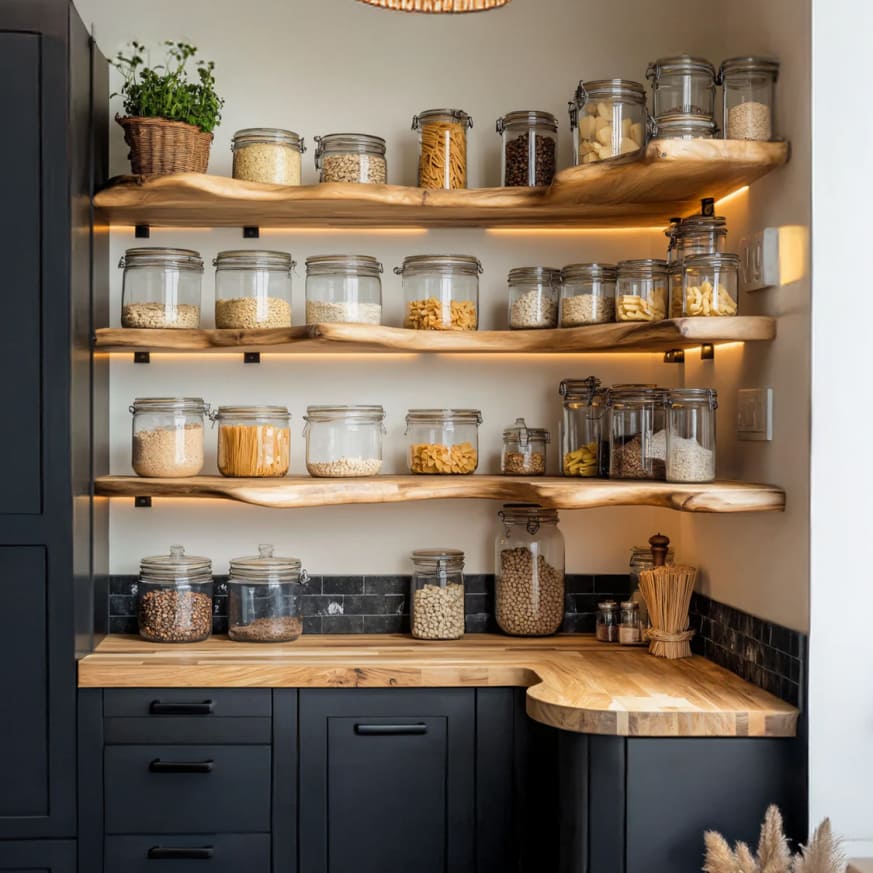Live edge solid wood corner floating shelf in a modern kitchen