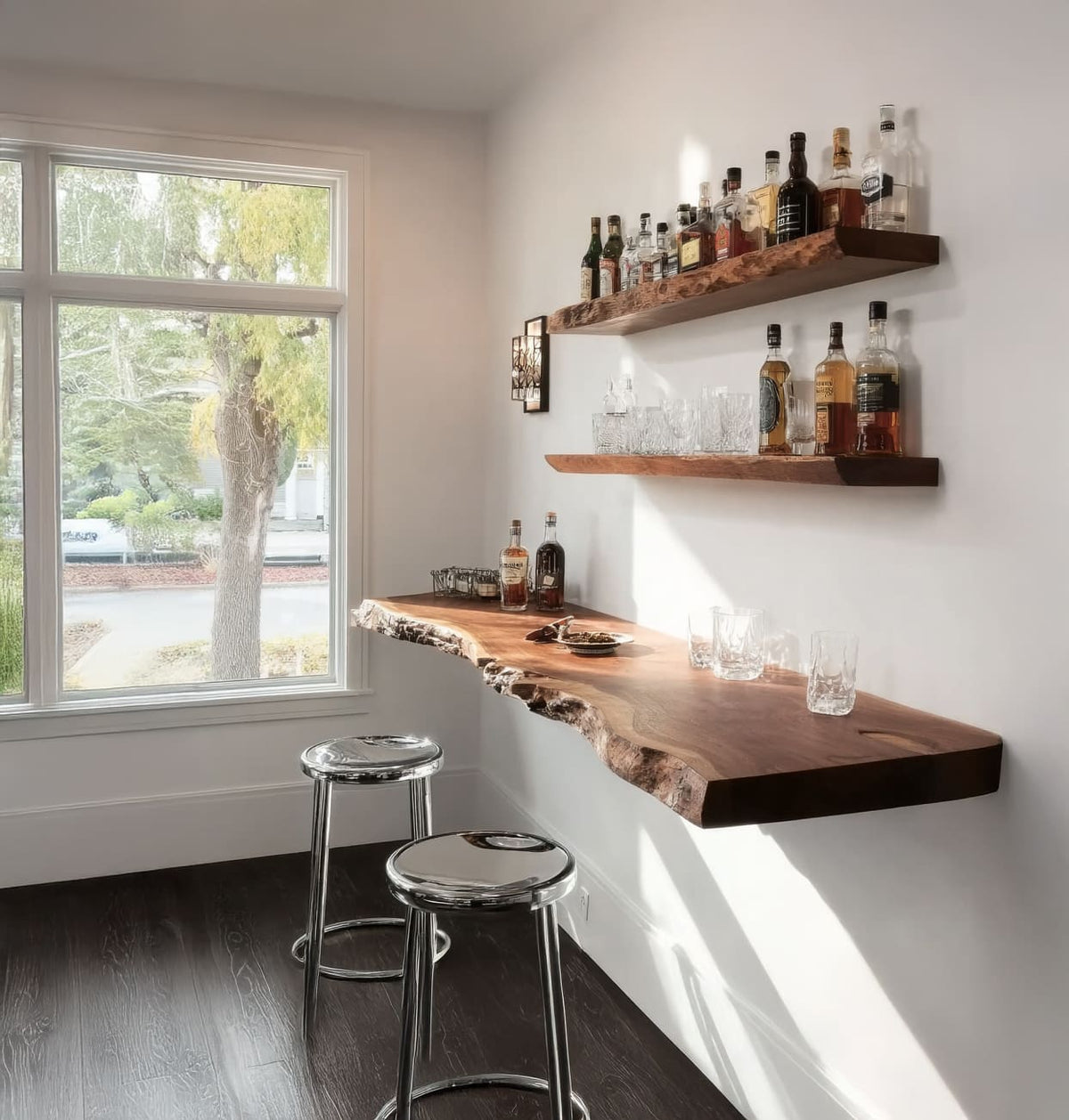 Live edge solid wood floating bar shelf in a modern home bar