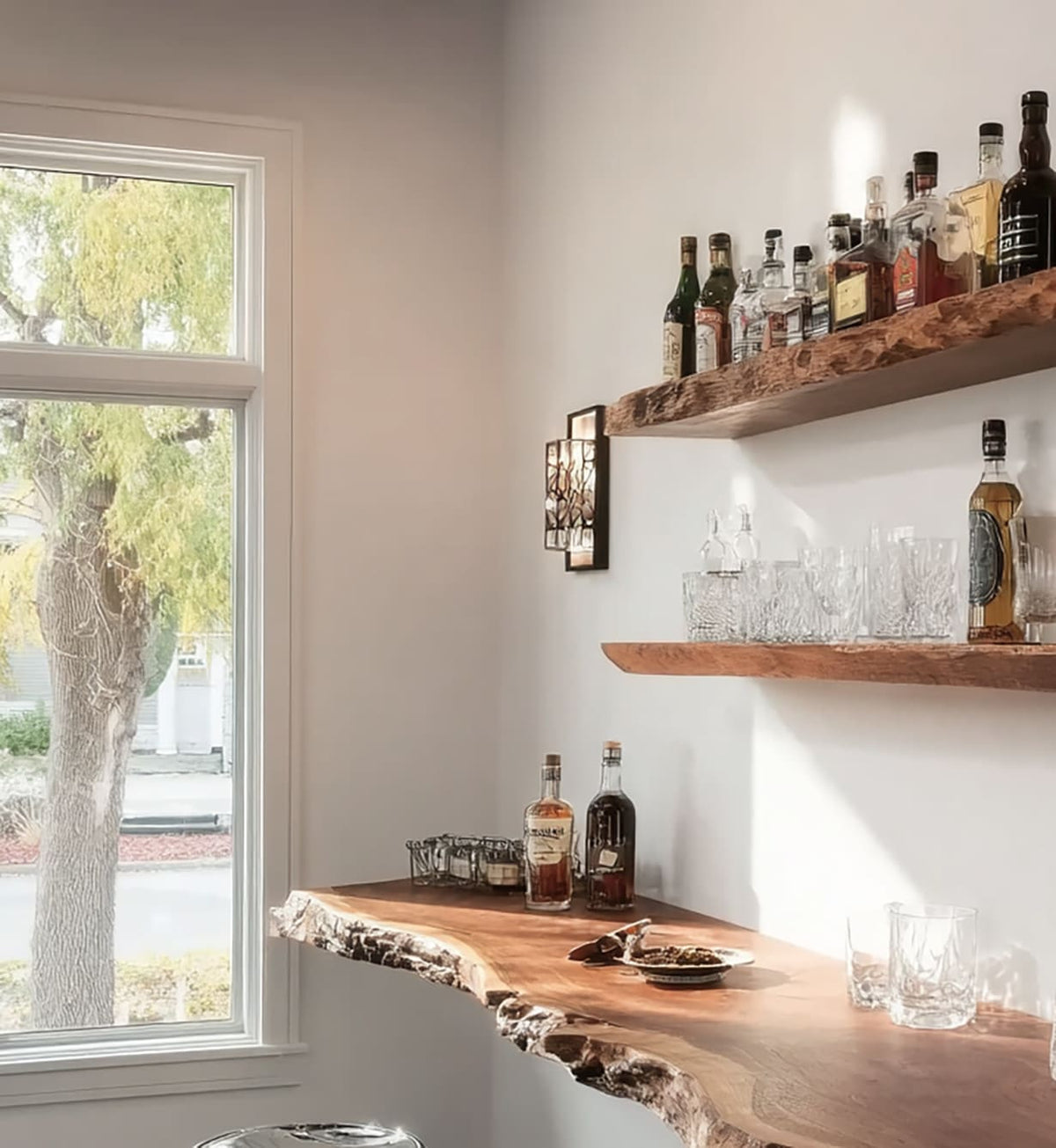 Handmade solid wood wall shelf for whiskey and glassware