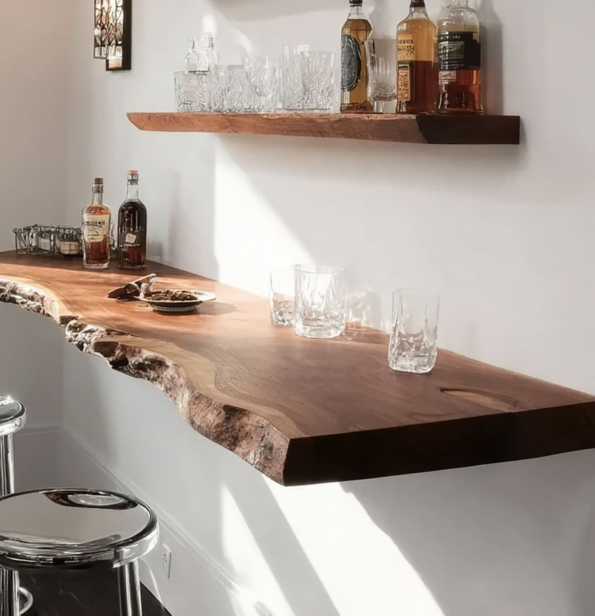 Modern floating whiskey shelf with live edge design