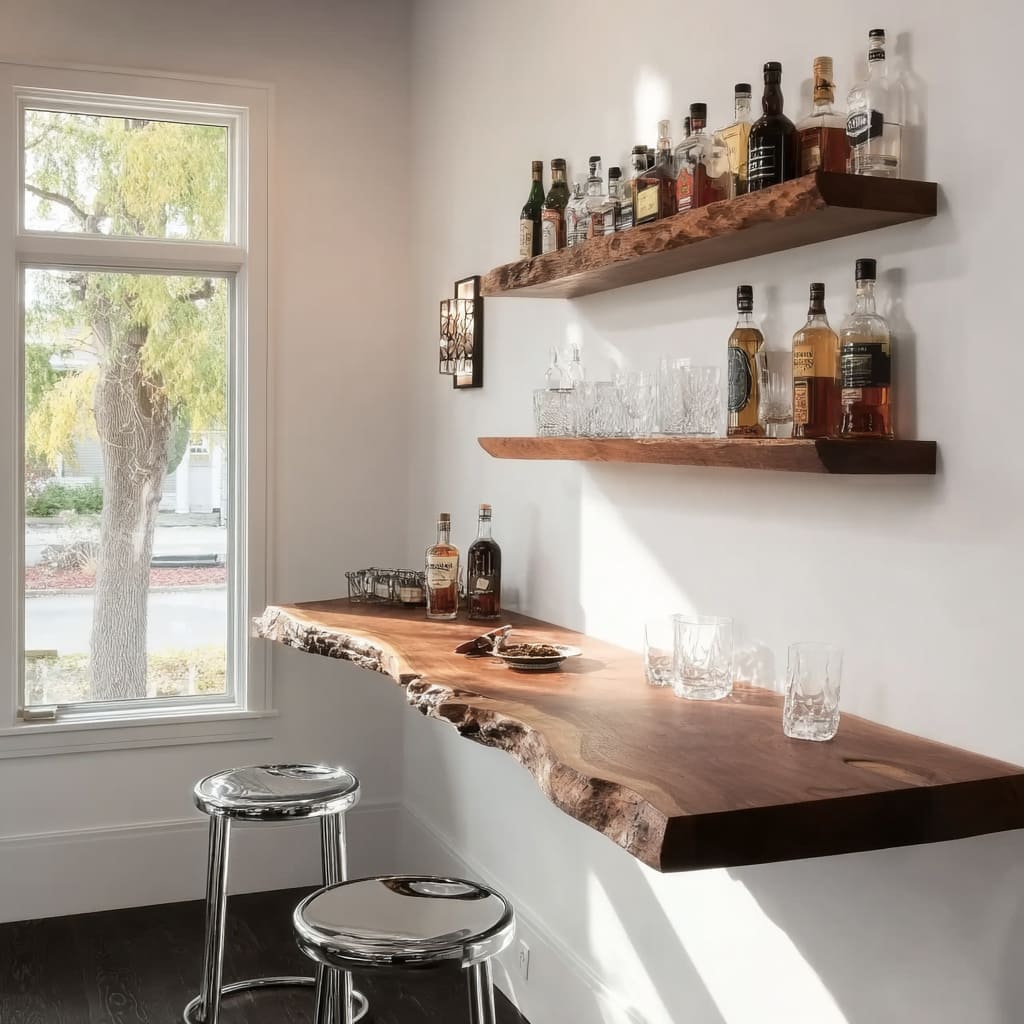 Rustic live edge bar shelf crafted from natural hardwood
