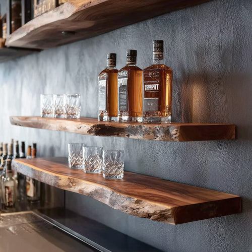 Live Edge Floating Bar Shelf - Handcrafted Whiskey & Glass Display