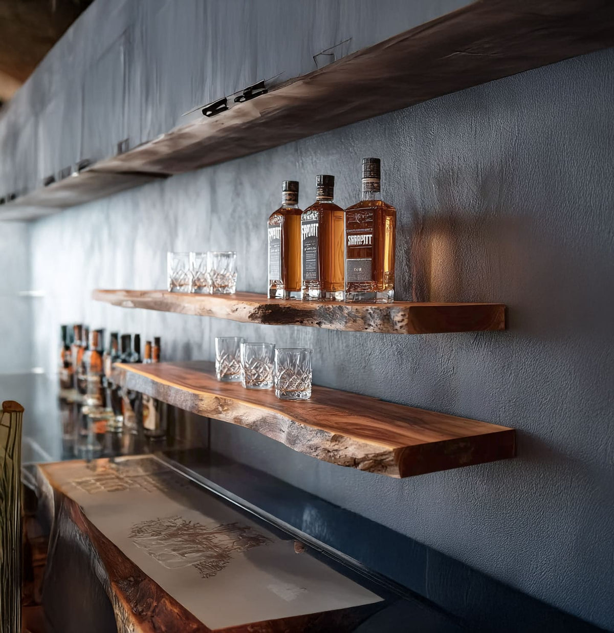Live edge solid wood floating bar shelf in a modern home bar