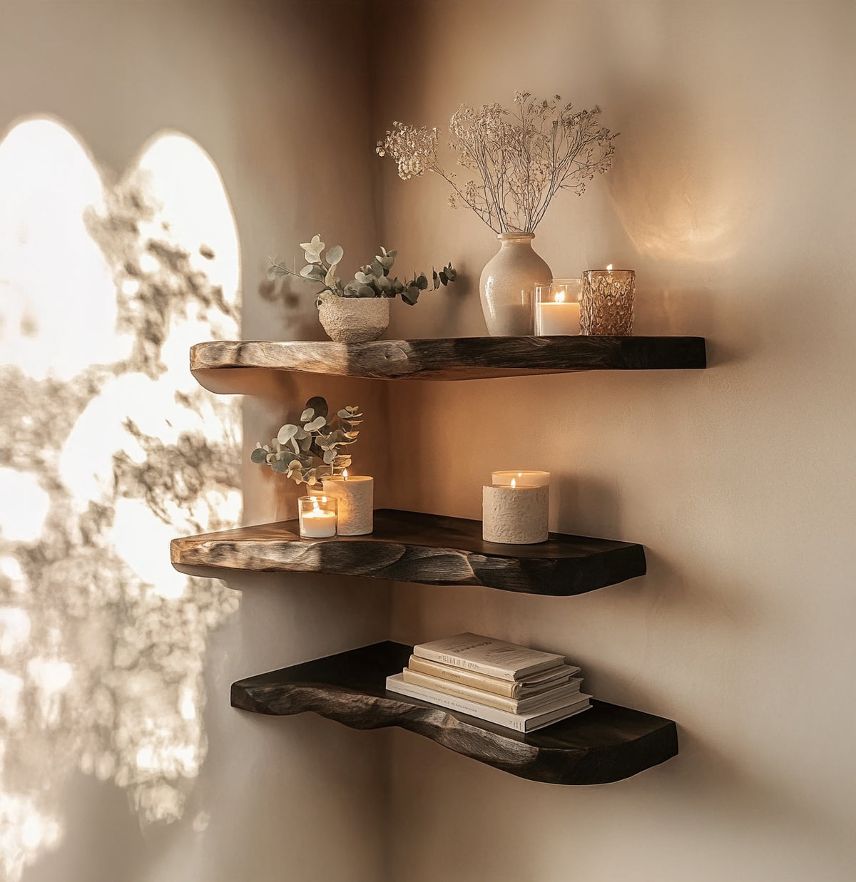 Live edge floating corner shelves made from natural wood
