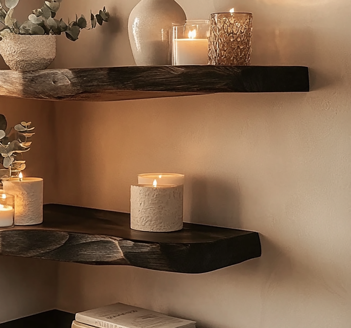 Rustic wood corner wall shelves with floating design