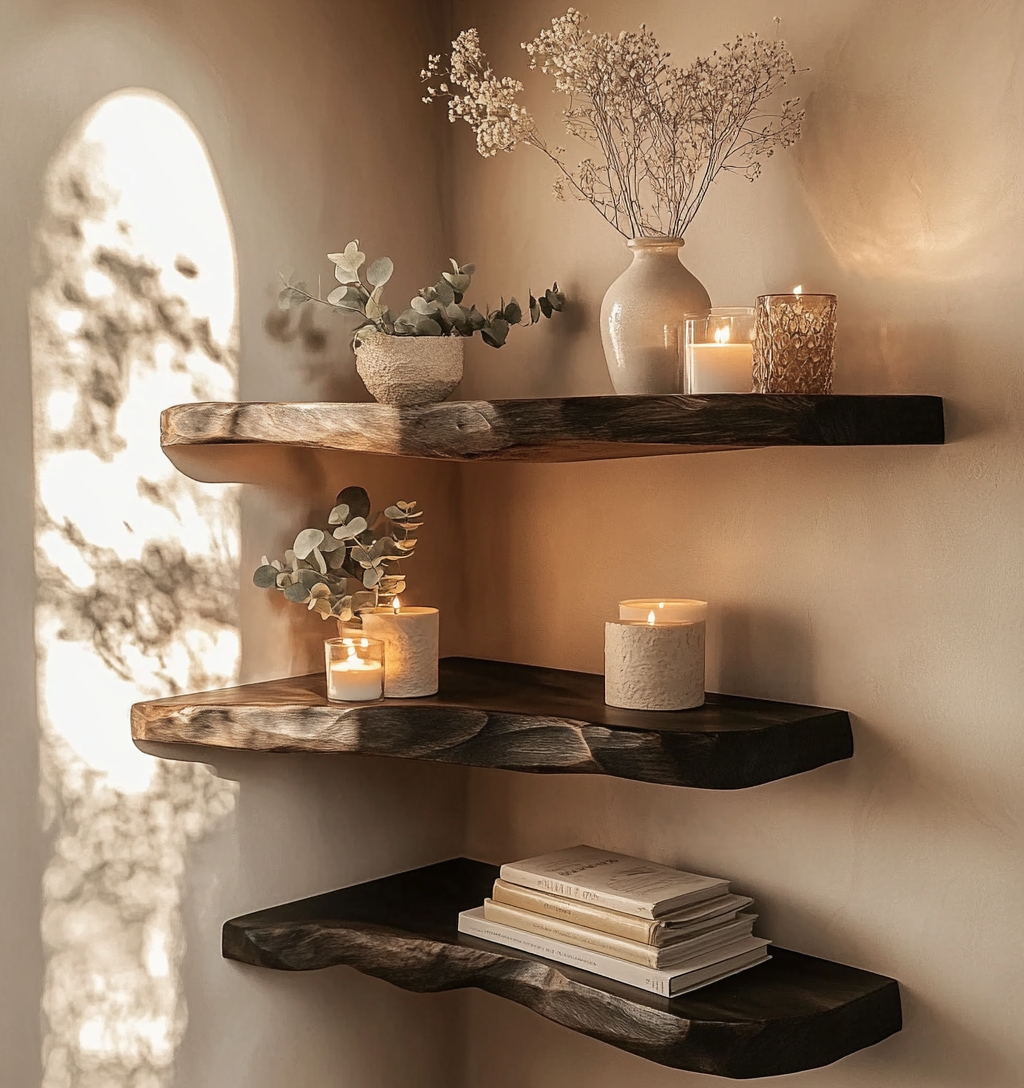Wooden wall mounted corner shelves for home storage
