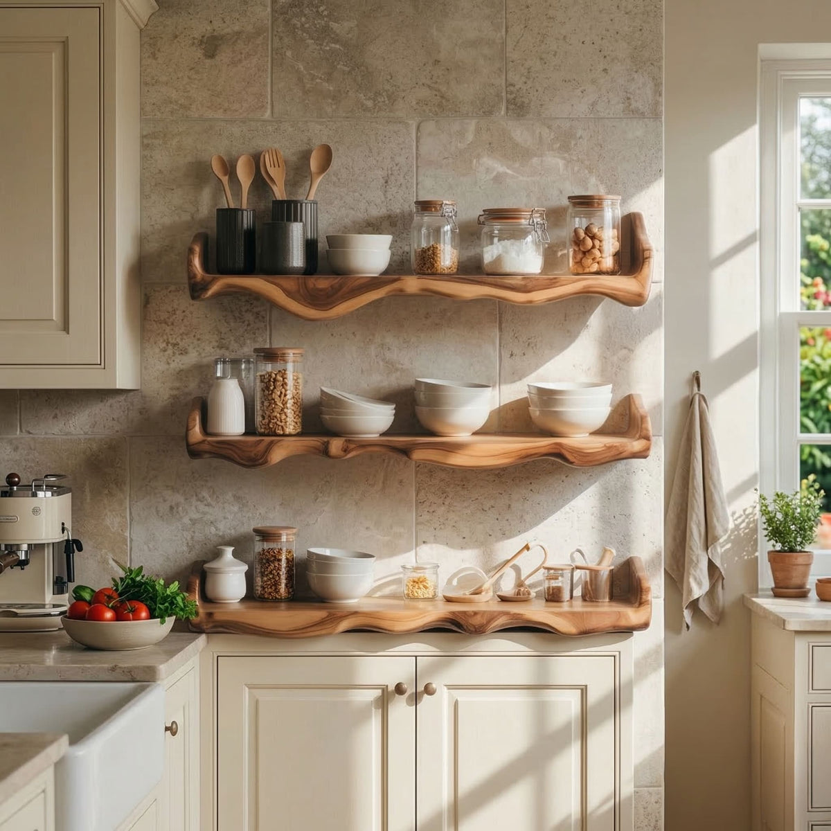 Live edge solid wood floating shelf in a modern kitchen