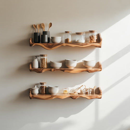 Live Edge Floating Kitchen Shelf - Handcrafted Solid Wood Straight Wall Shelf with Natural Edge