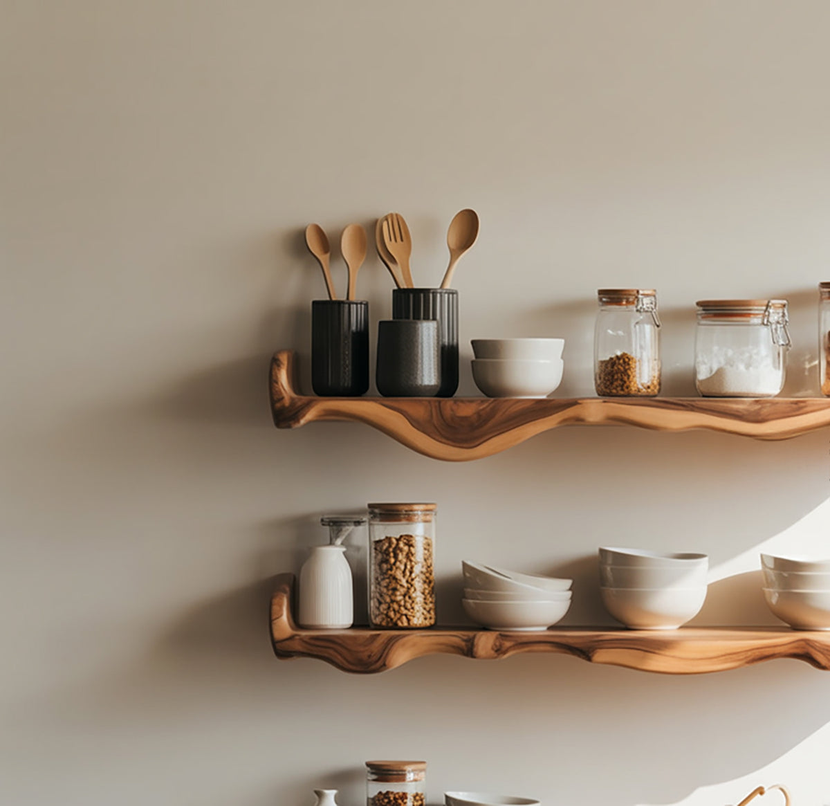 Modern solid wood floating shelf with natural edge
