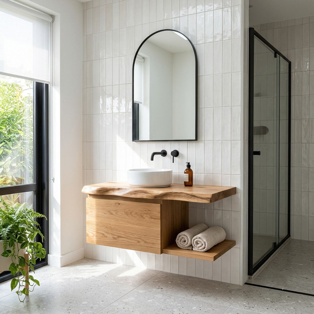 Live Edge Floating Vanity – Solid Wood Bathroom Sink Cabinet with Storage Drawer