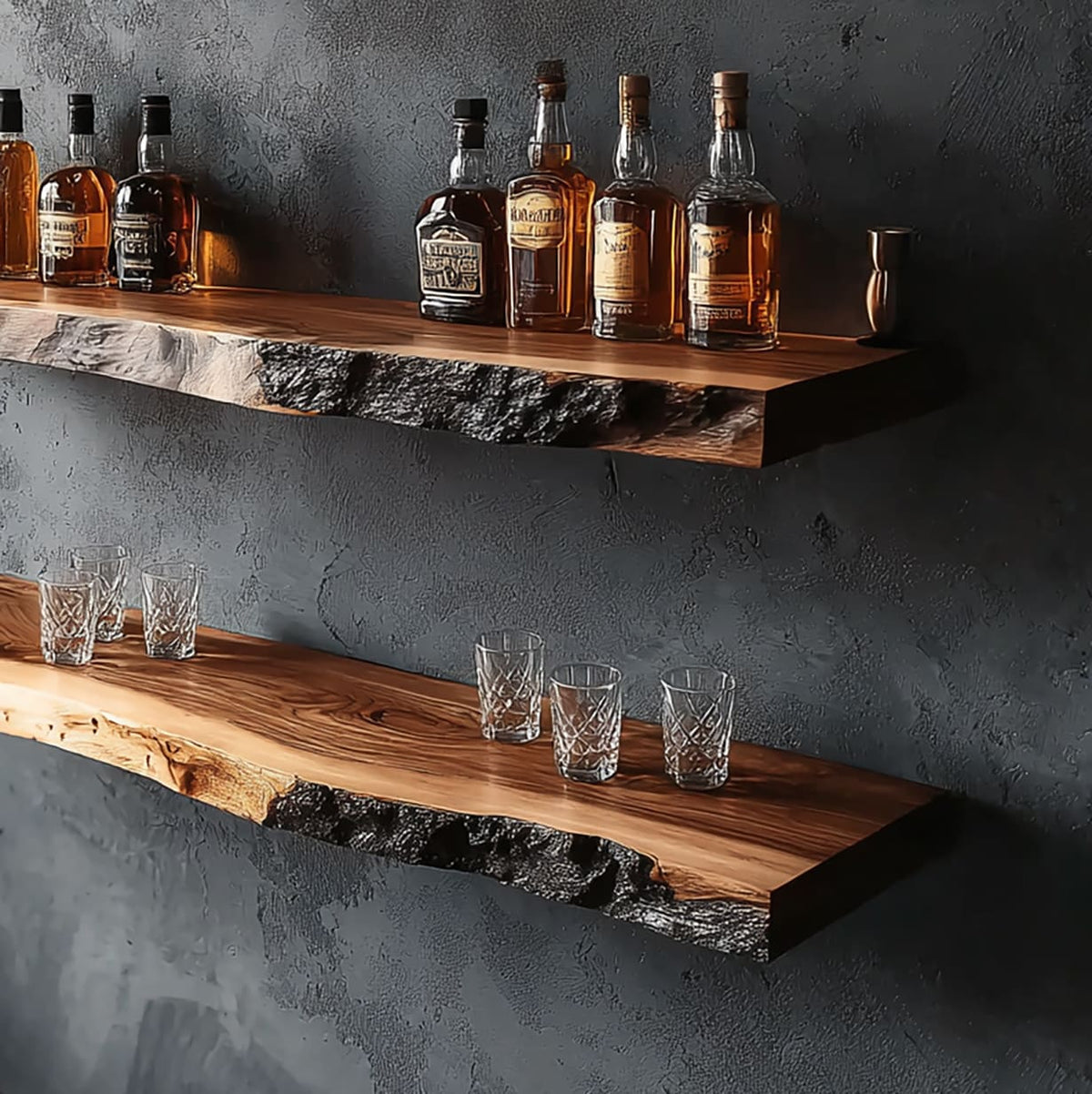 Handmade solid wood wall shelf set for whiskey and glassware