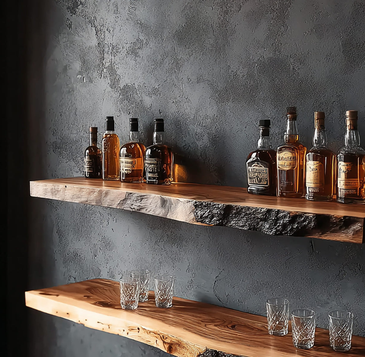 Modern live edge whiskey display shelves in solid wood