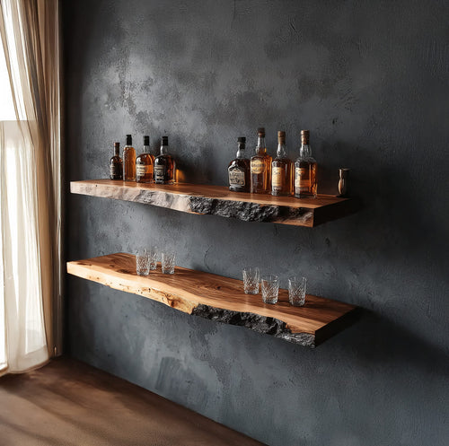 Live Edge Floating Whiskey Shelf - Handcrafted Solid Wood Wall Shelves for Bar Display | Rustic Industrial Style