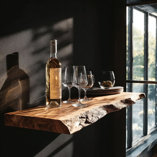 Live Edge Floating Wine Shelf - Handcrafted Solid Wood Wall Shelf for Wine & Glassware Display