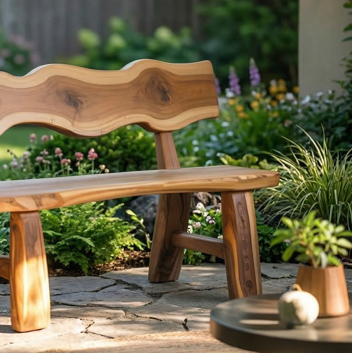 Solid walnut outdoor bench featuring natural live edge details and an integrated backrest