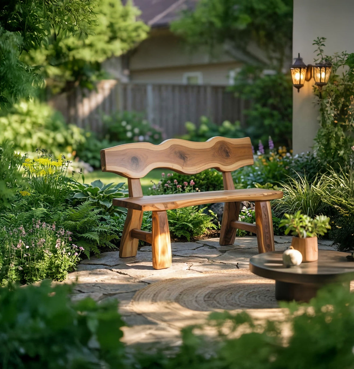 Live edge walnut garden bench styled in a landscaped backyard setting