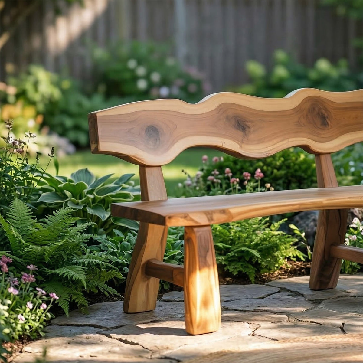Solid walnut outdoor bench featuring natural live edge details and an integrated backrest