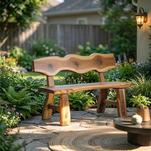 Live Edge Garden Bench with Backrest - Solid Walnut Outdoor Seating
