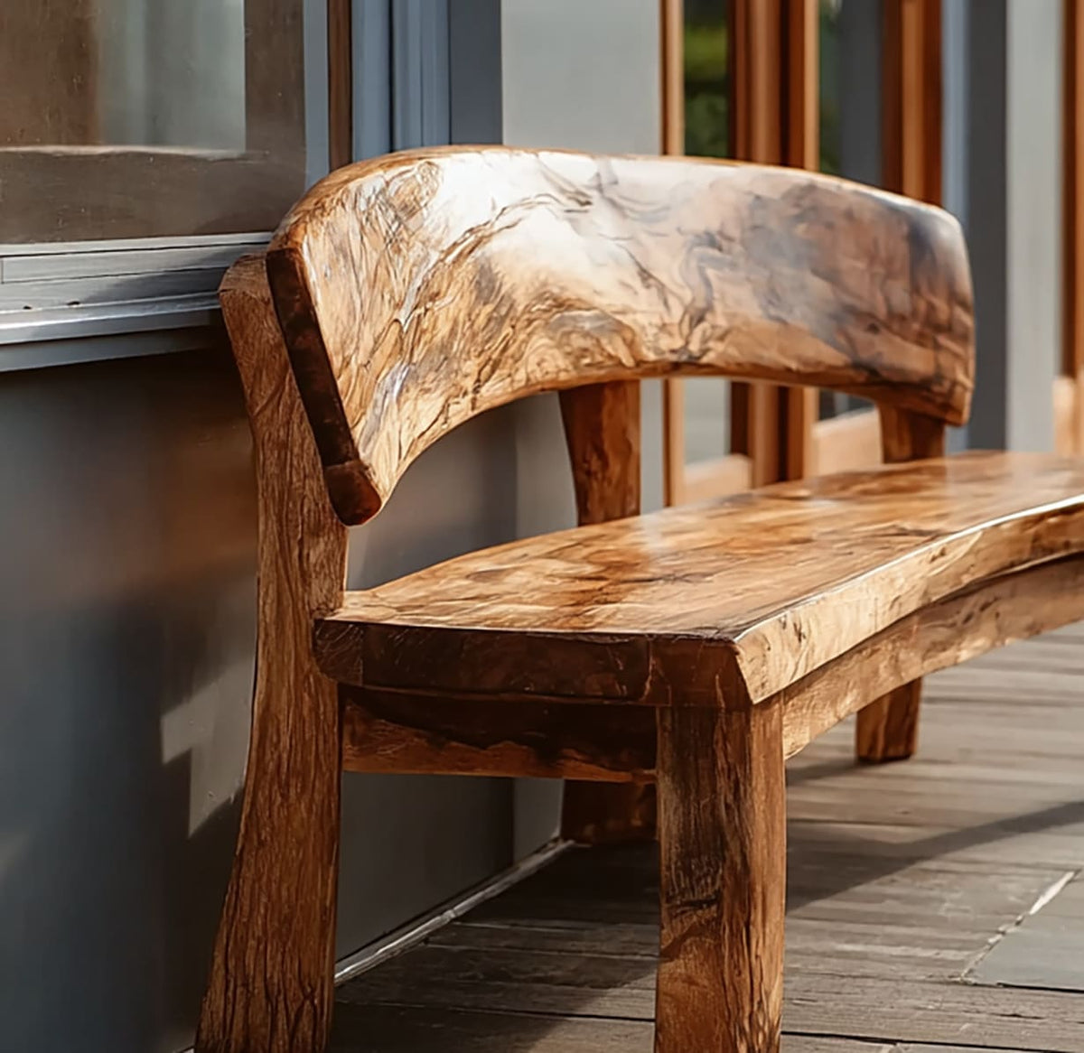 Solid wood outdoor bench featuring natural live edge details and a full-length backrest