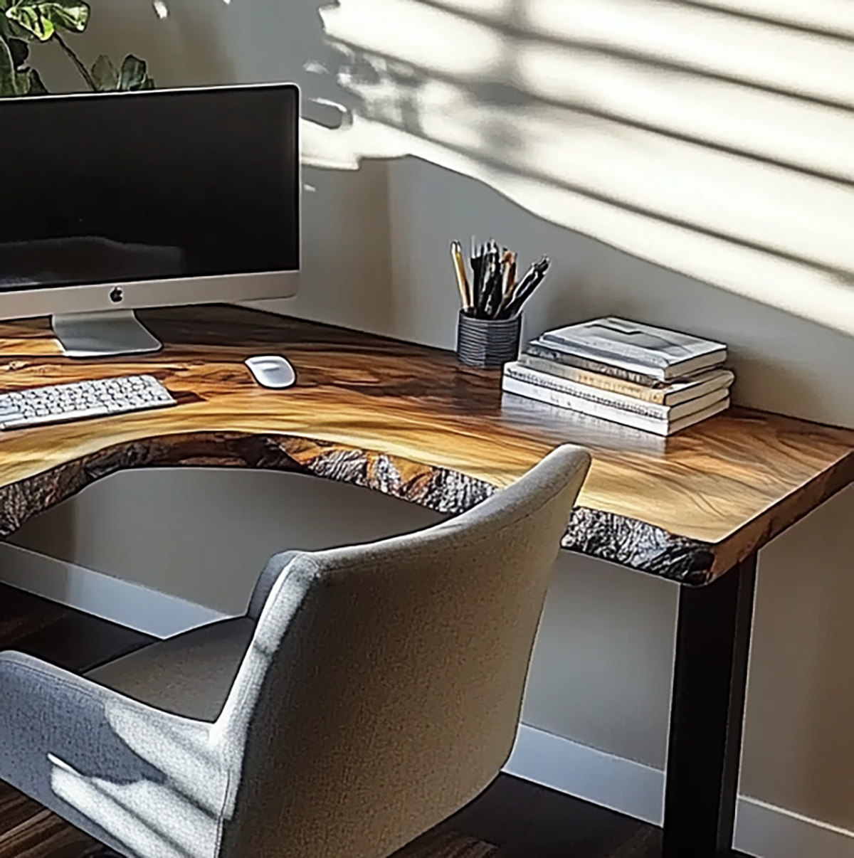 L shaped wood desk with natural live edge design
