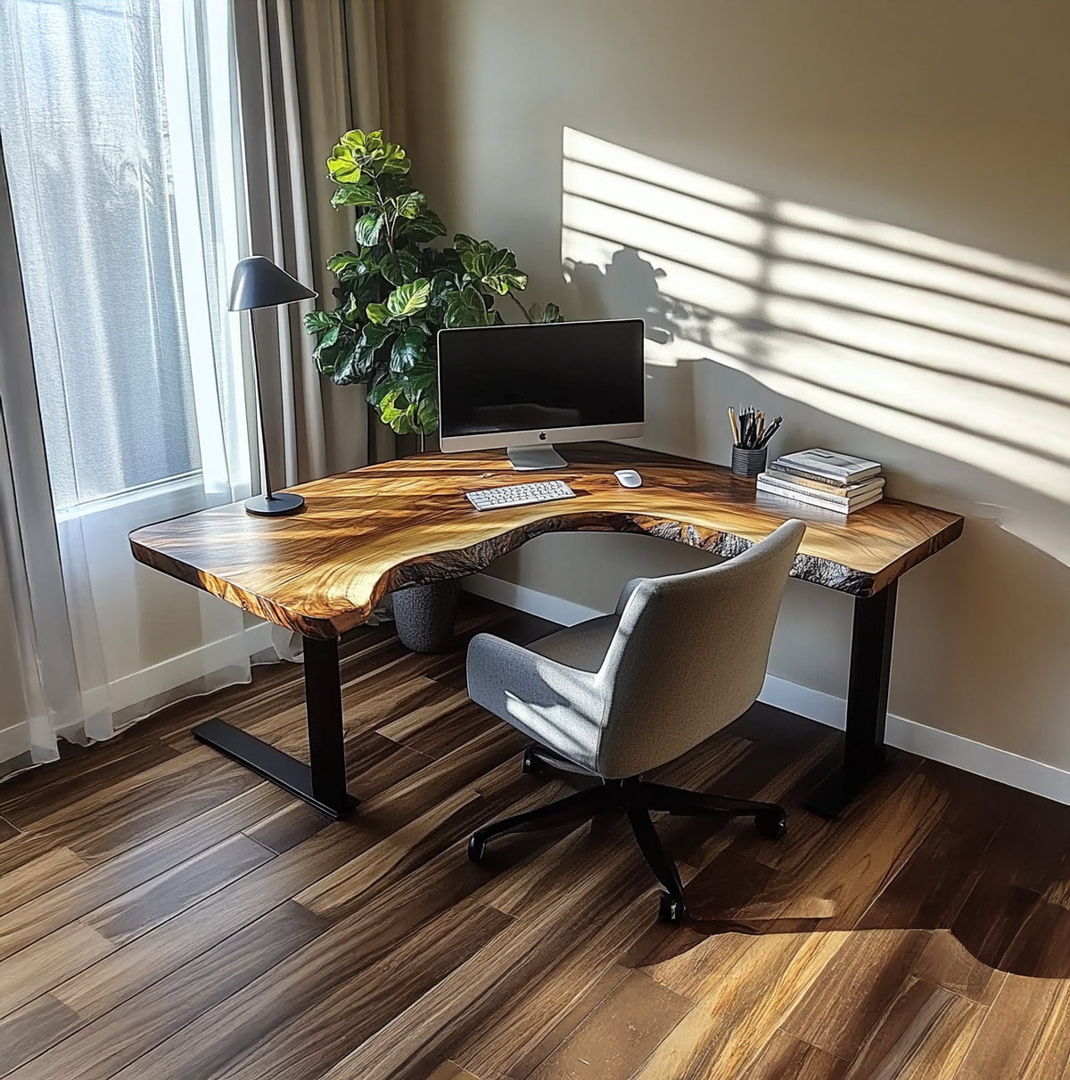 Live edge L shaped desk with metal legs for home office