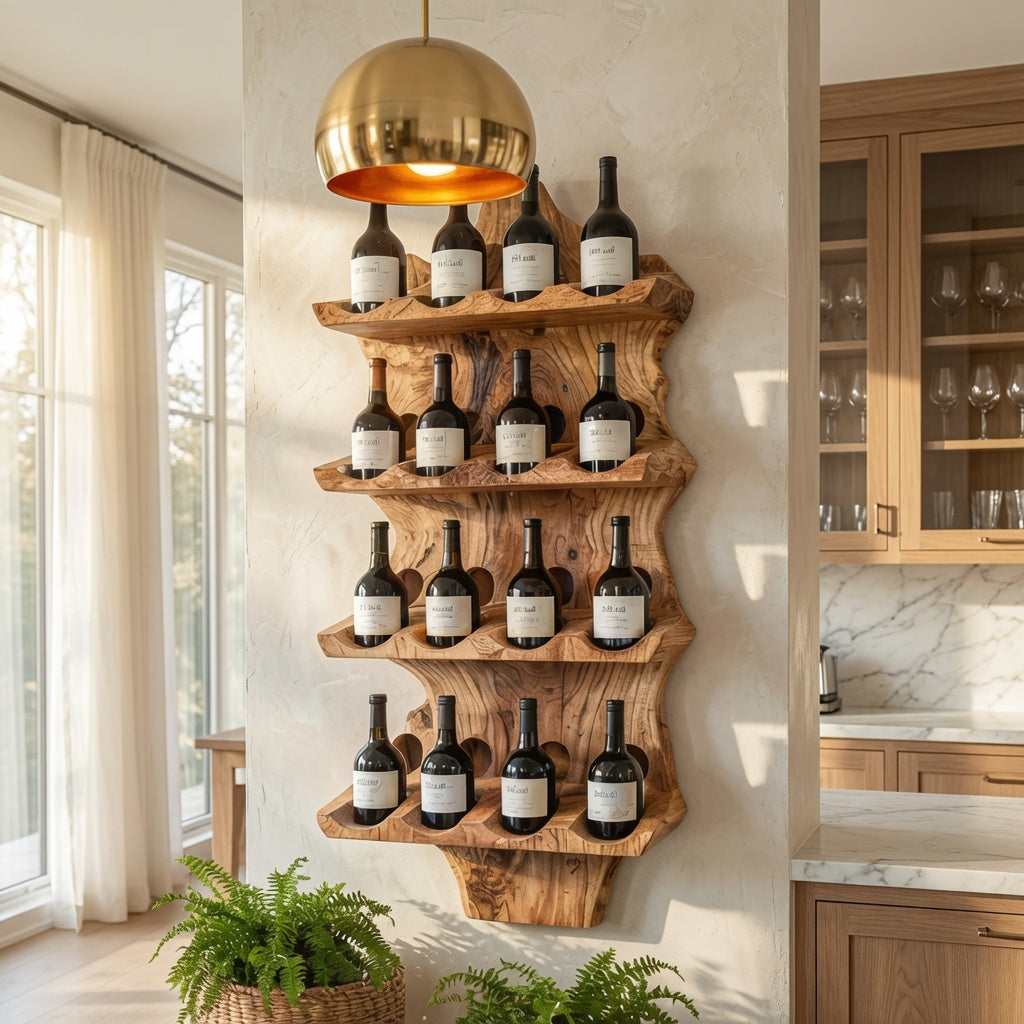 Contemporary solid wood wine rack creating an elegant wine display