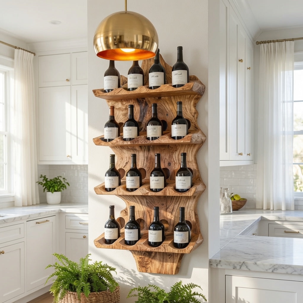 Live edge sculptural wall mounted wine rack in solid wood