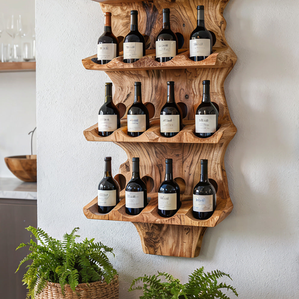 Handcrafted live edge wall wine rack made from natural wood