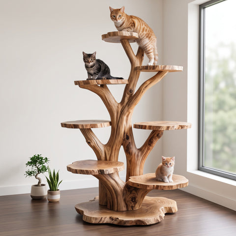Live edge slice tiered cat tree in solid wood