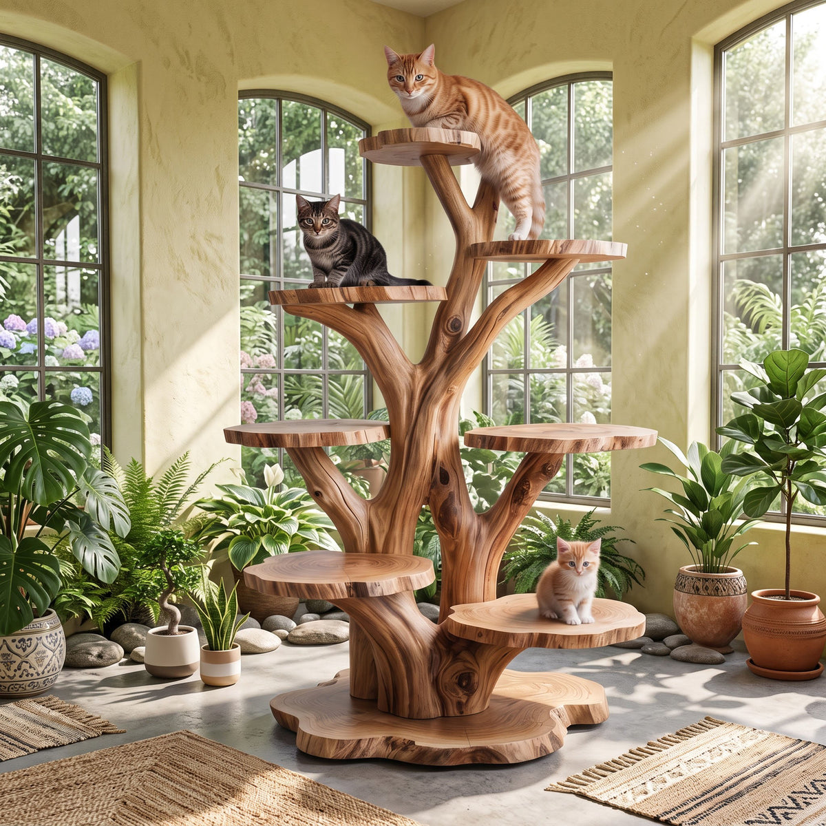 Live edge solid wood cat tree showcased as a sculptural pet furniture piece