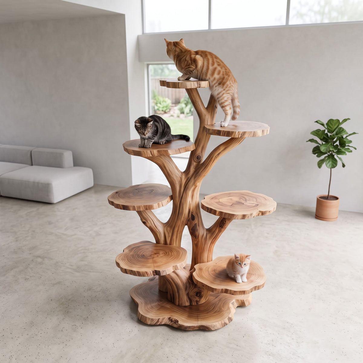 Live edge slice solid wood cat tree in a contemporary living room