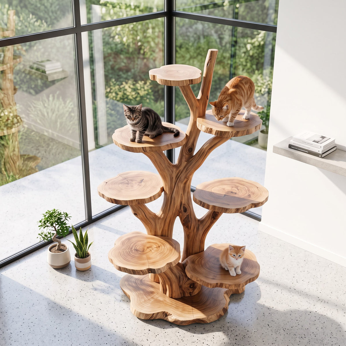 Freestanding solid wood multi-level cat perch styled in a modern pet space
