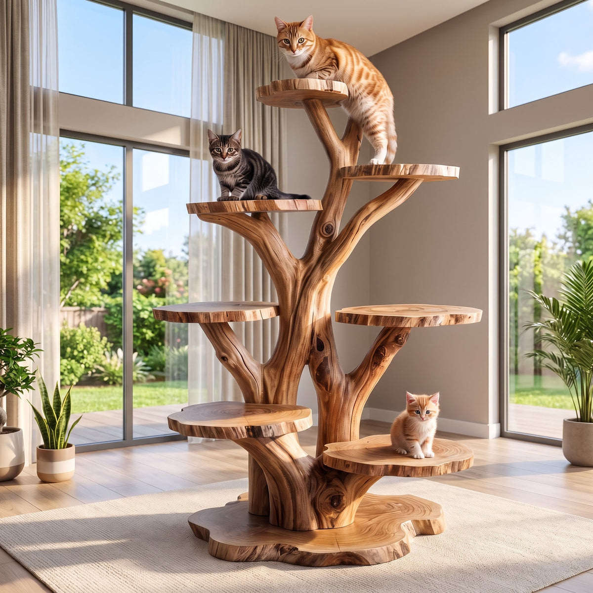 Multi-level solid wood cat perch styled in a cozy modern pet corner