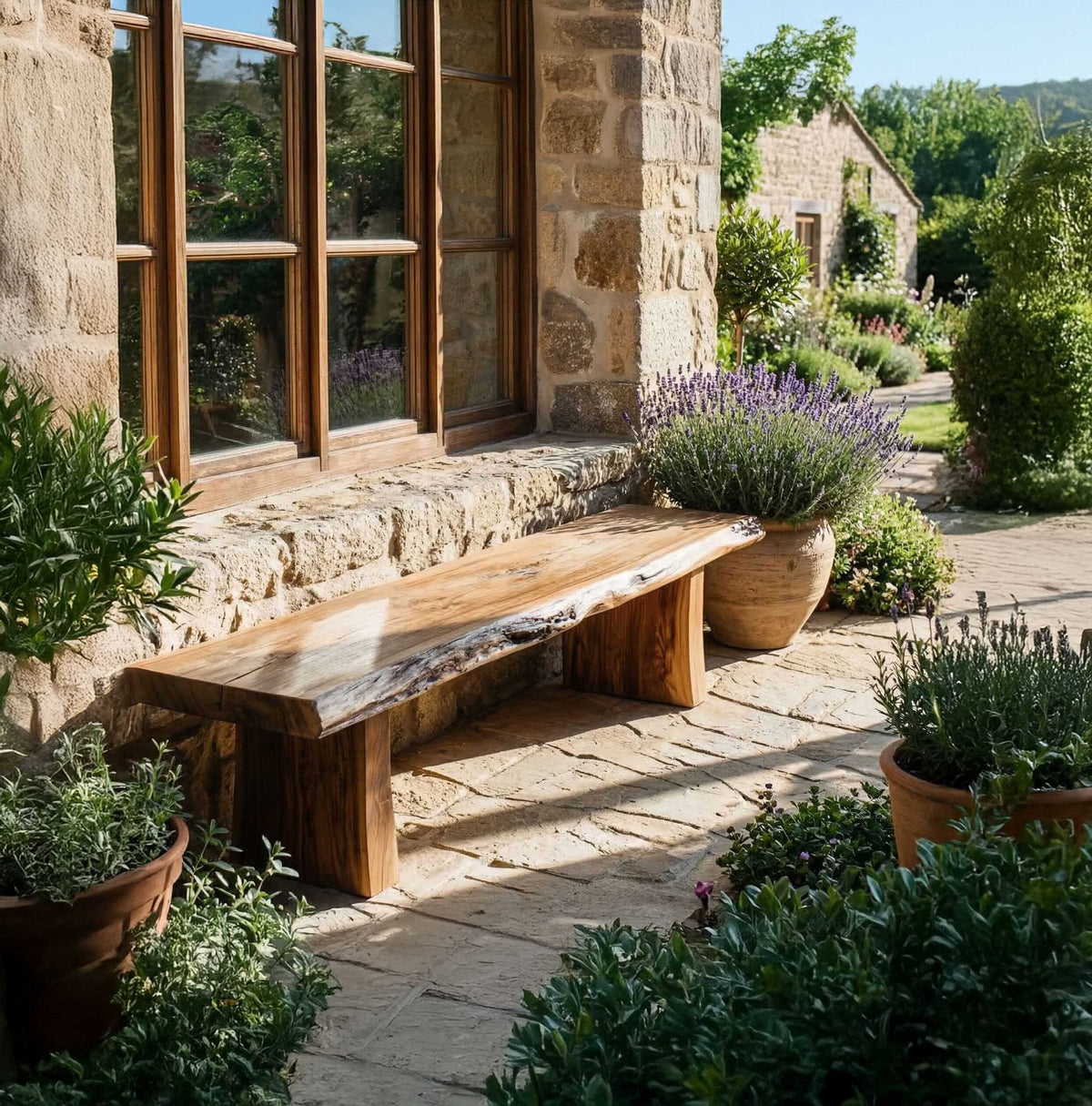 Solid walnut bench displayed on a covered patio with organic modern outdoor decor