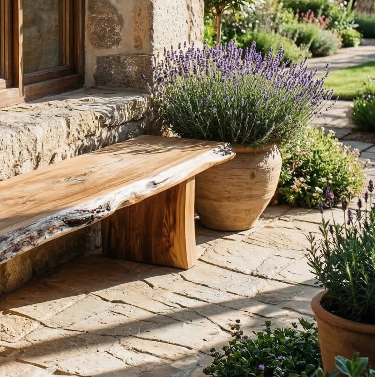 Solid walnut bench featuring natural live edge details and handcrafted slab construction