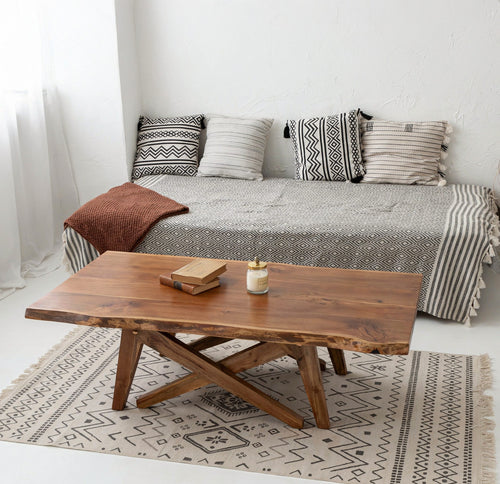 Live Edge Solid Wood Coffee Table With X-Base – Organic Modern Rustic Centerpiece