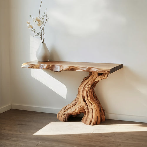 Live Edge Solid Wood Console Table with Sculptural Tree Trunk Base